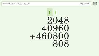 Long addition: Solve 2048+40960+460800 step-by-step solution