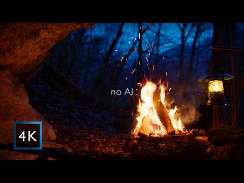 Campfire in a Hidden Forest Cave 🔥 Warm Firelight at Twilight | Cozy Night Ambience (4K)
