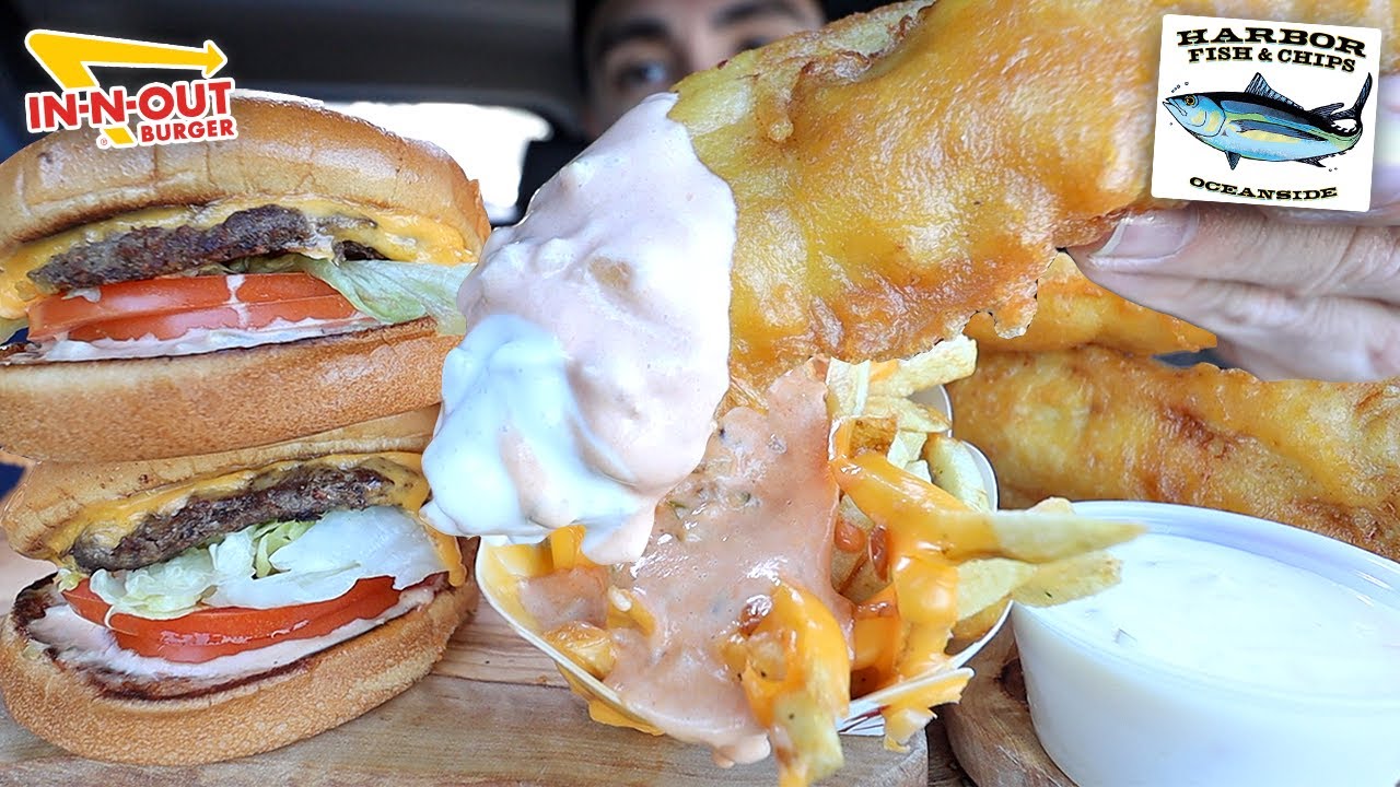 MUKBANG EATING IN N OUT SAUCY ANIMAL STYLE FRIES DOUBLE CHEESEBURGERS CRISPY FISH & CHIPS ASMR