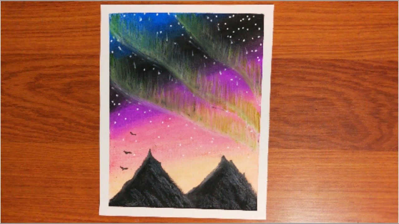 Aurora Night Sky Drawing With OİL PASTELS For Beginners - Step By Step