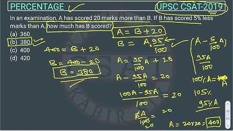 2019, Csat Percentage, PYQ Topic wise, In an examination, A has scored 20 marks more than B. If B