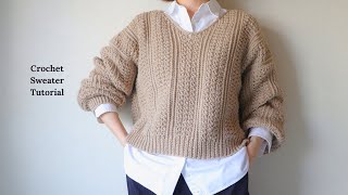 かぎ針編み Vネックセーターの編み方 ウール100％合太使用 柳屋 恋する毛糸合太 YANAGIYARN ヤナギヤーン Crochet Sweater Tutorial