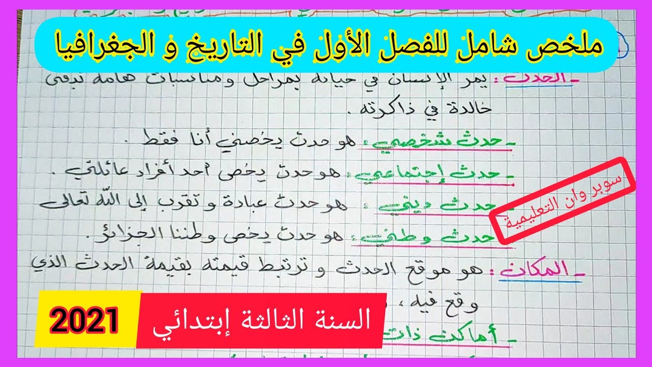 ملخص شامل كامل للفصل الأول في مادة التاريخ و الجغرافيا للسنة الثالثة إبتدائي الجيل الثاني 2021