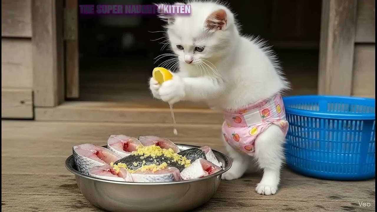 Adorable Kitten Chef Prepares Fish with Precision!