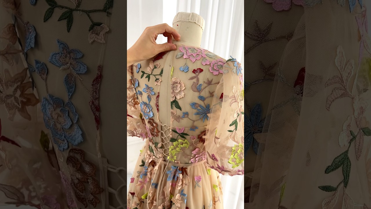 Puff sleeves embroidery champagne lace dress 