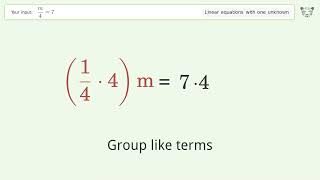 Linear equation with one unknown: Solve m/4=7 step-by-step solution