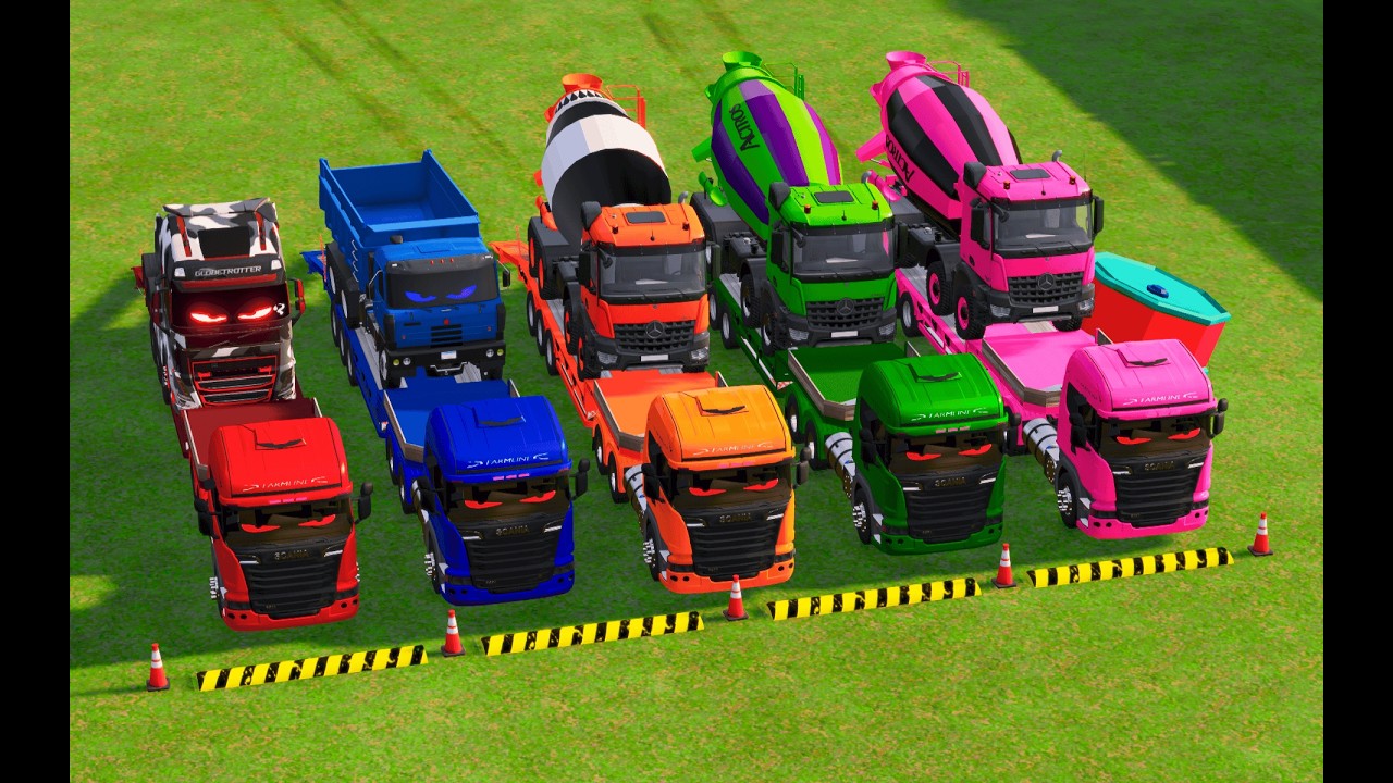 Garage with Colors - ALL MIXER TRUCK WITH DOUBLE FLATBED TRAILER TRUCK, DAF, VOLVO, FREIGHTLINER