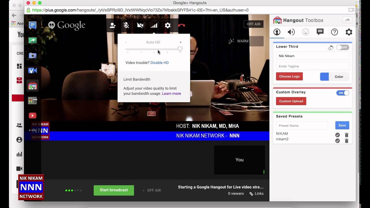How to start a Live Google Hangout for Live streaming to YouTube NIK