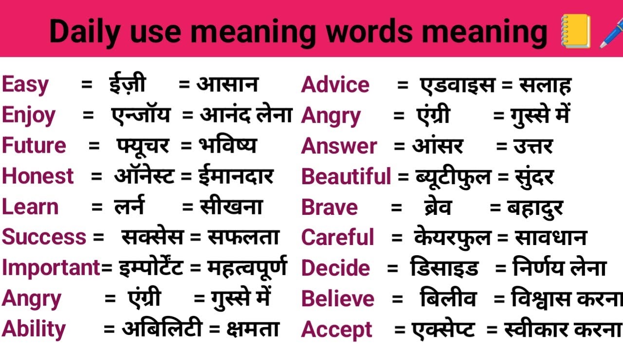 100 Words with Hindi Meanings | Word Meaning | Daily Use English