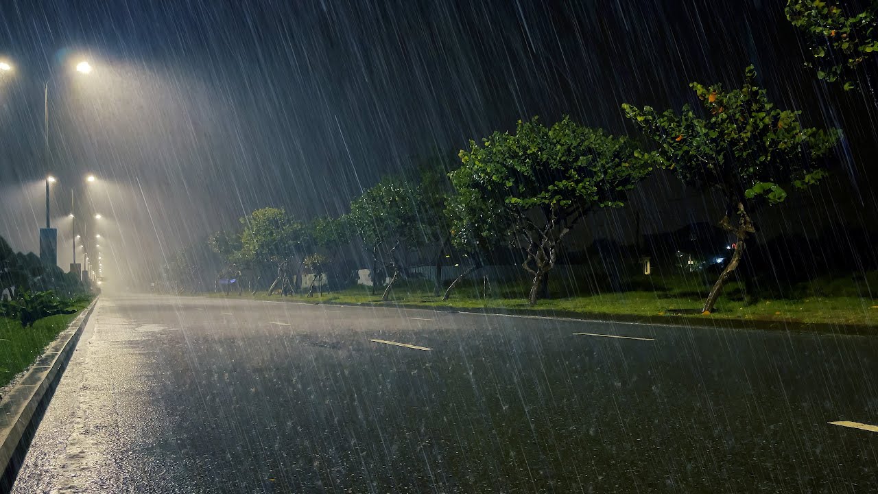 Heavy Rain and Thunder Under the Night Road | Night Rain Melody Nature Helps You Fall Asleep Easily