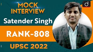 Satender Singh, Rank 808 | UPSC CSE 2022 | English Medium | Mock Interview | Drishti IAS English