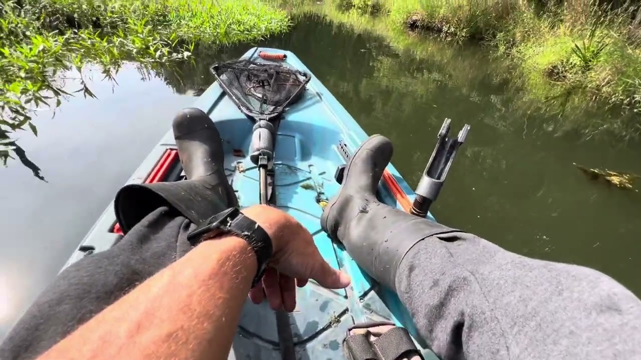 Kayak fishing a narrow creek for big bass ￼