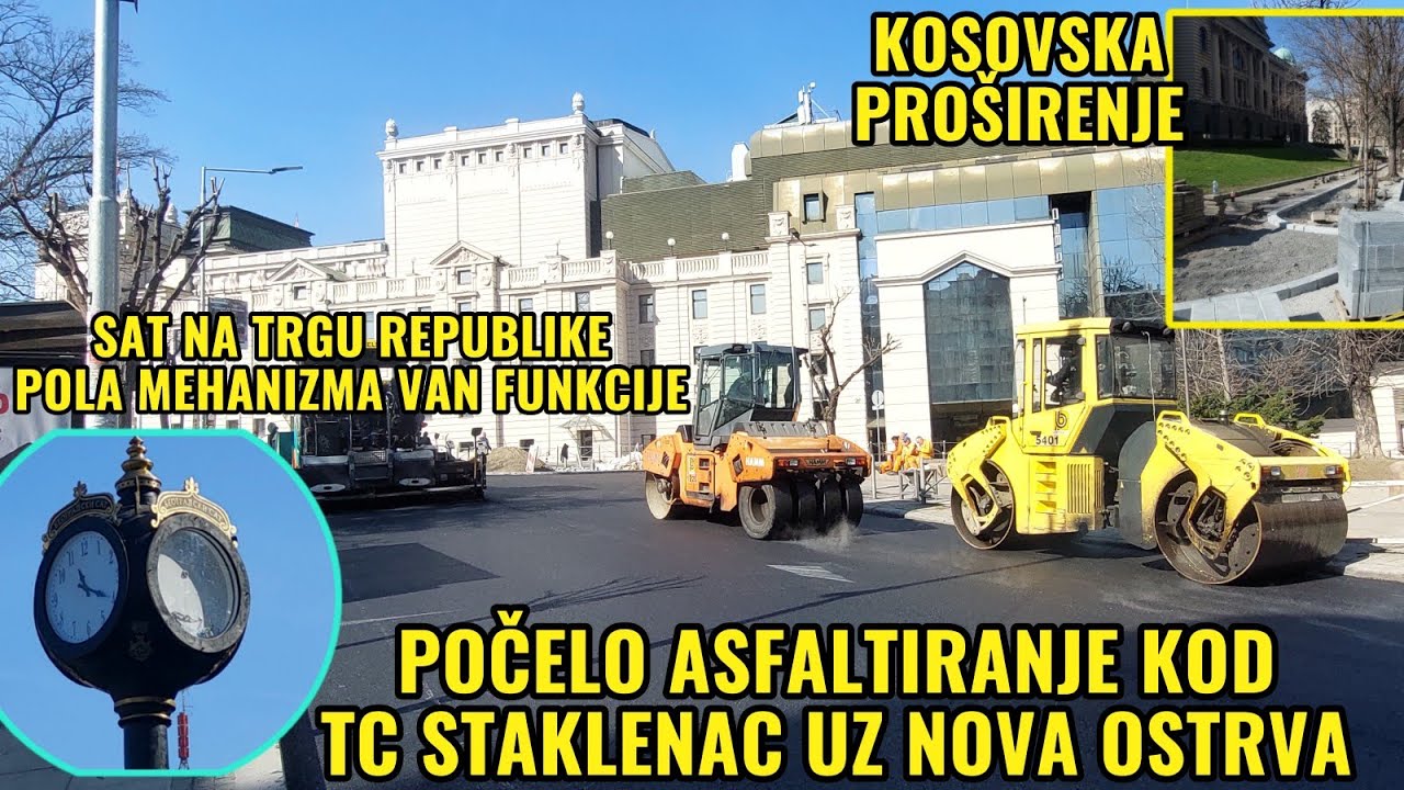 SAT NA TRGU POLA RADI ASFALTIRANJE KOD STAKLENCA BUL.DESPOTA STEFANA NOVA OSTRVA,PROSIRENJE KOSOVSKE