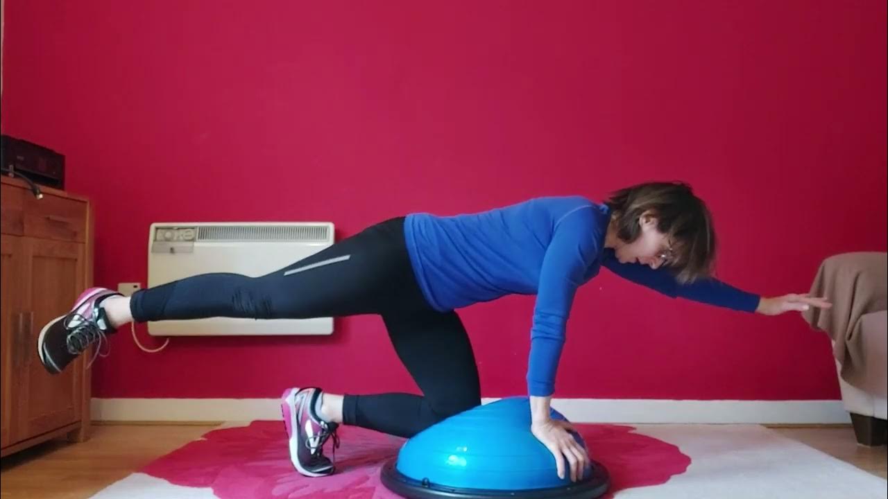 Bosu Workout Side to side squats, chest flye, Bird dog, Buso rocks, MC