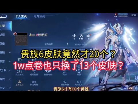 王小贱：贵族6竟然才20个皮肤？1w点卷只换了13皮肤？这用得也太亏了！｜王者荣耀