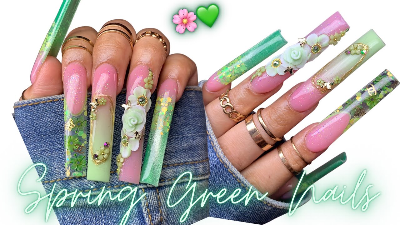 SPRING NAILS 💚🌸/ GREEN ACRYLIC NAILS/ ENCAPSULETD NAILS WITH 3D ROSE