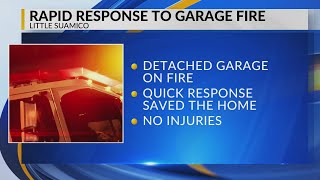 Rapid response by firefighters stops spread of fully engulfed garage fire in Little Suamico