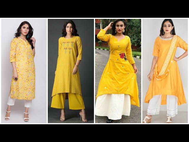 Cotton yellow asymmetrical kurta with printed centre panel paired with –  Fabnest