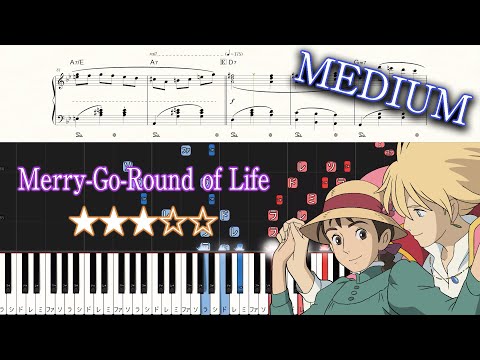 Merry-Go-Round of Life（from Howl’s Moving Castle）- Joe Hisaishi - Medium Piano Tutorial + Sheets