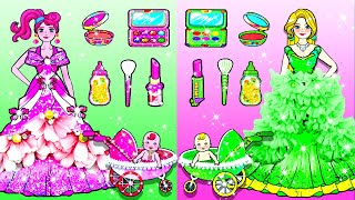 [🐾paper Diy🐾] Pink VS Green Mother and Daughter Dress Up Contest | Rapunzel Compilation 놀이 종이