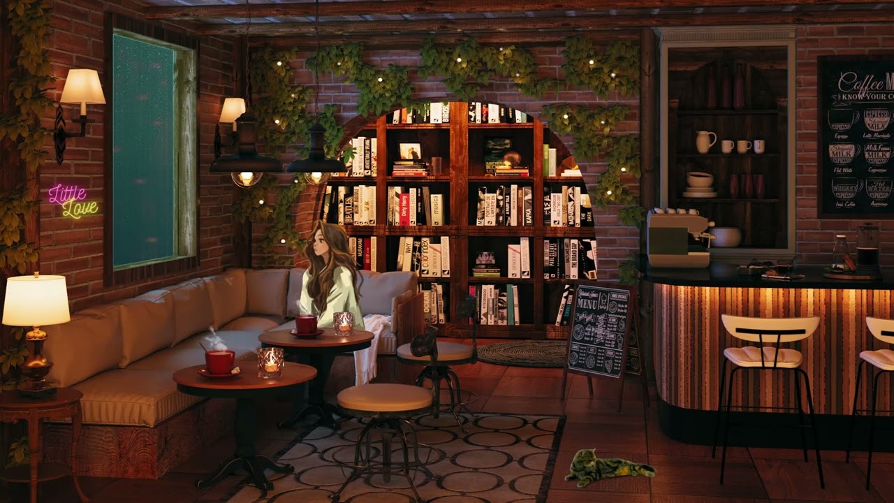 Rainy Coffee Shop Bookstore Ambience with Relaxing Smooth Jazz Music and Rain Sounds