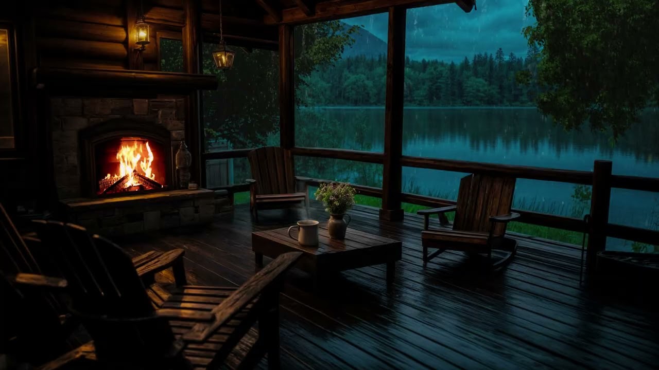 Peaceful Lake Rain in a Cozy Cabin | Fireplace Sounds for Deep Sleep | No Mid Ads