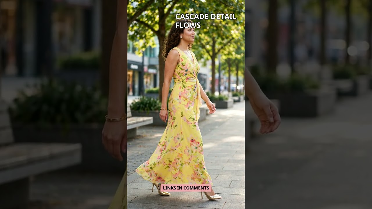 Woman wearing Adrianna Papell draped floral chiffon gown paired with gold plated faux diamond halo earrings, mixed motif bang