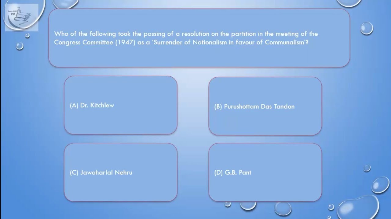 Indian National Movement, MCQ, Partition of India and Independence