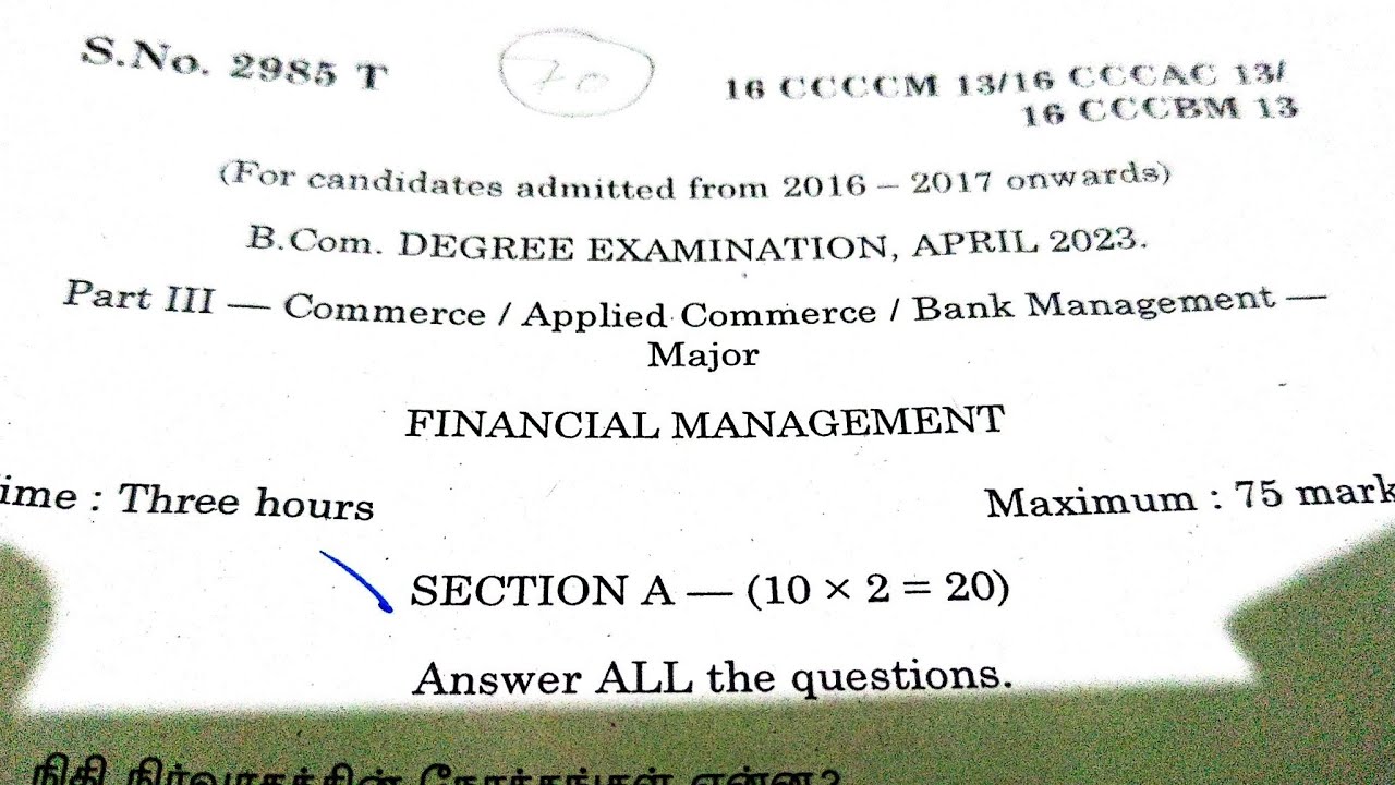 Financial Management Question Paper April 2023 (Bharadhidasan