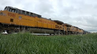 3 UP Locomotives with 88 freight cars Northbound through Elkhart, Iowa