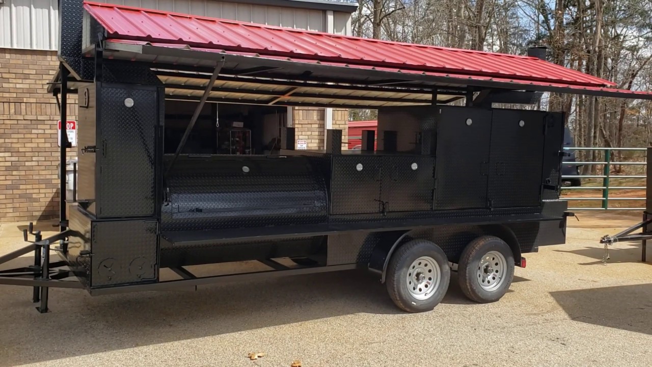 Mega T Rex bbq smoker grill trailer with roof grill barn door sinks