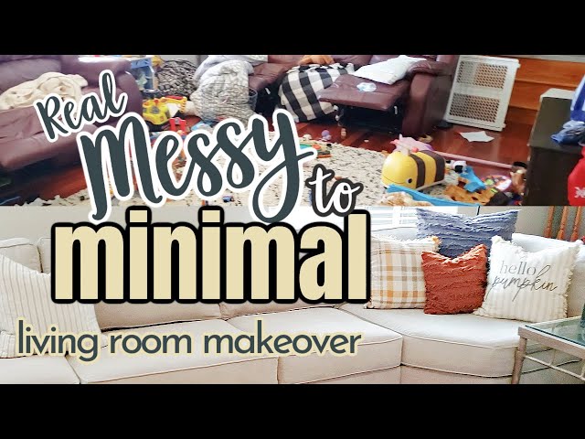 MINIMALIST LIVING ROOM MAKEOVER REAL LIFE MESSY HOUSE CLEAN DECLUTTER and ORGANIZE MESSY TO MINIMAL class=