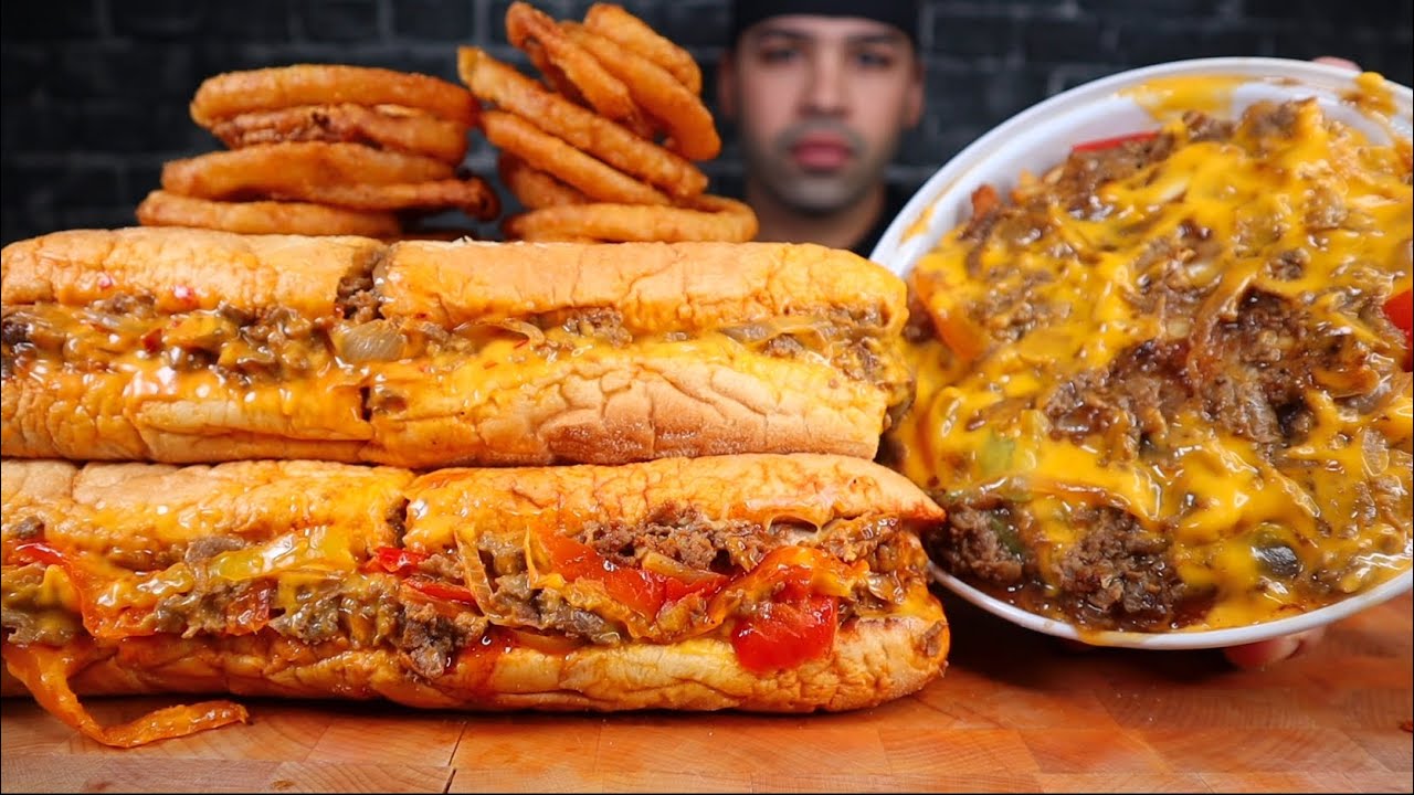 ASMR CHEESY PHILLY CHEESESTEAK, PHILLY CHEESESTEAK POUTINE, AND ONION RINGS MUKBANG