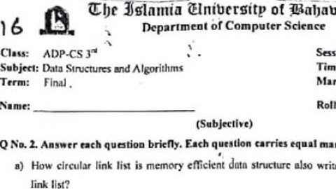 Data Structure & algorithm Past Papers| 3rd semester Past Papers  | IUB ADP PAST PAPER