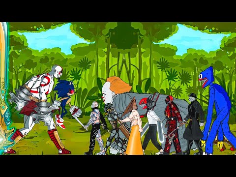 Sonic.exe and Kratos Vs Huggy Wuggy,Pennywise, Uber Jason, Pyramid Head, Savini Jason,Chainsaw +more