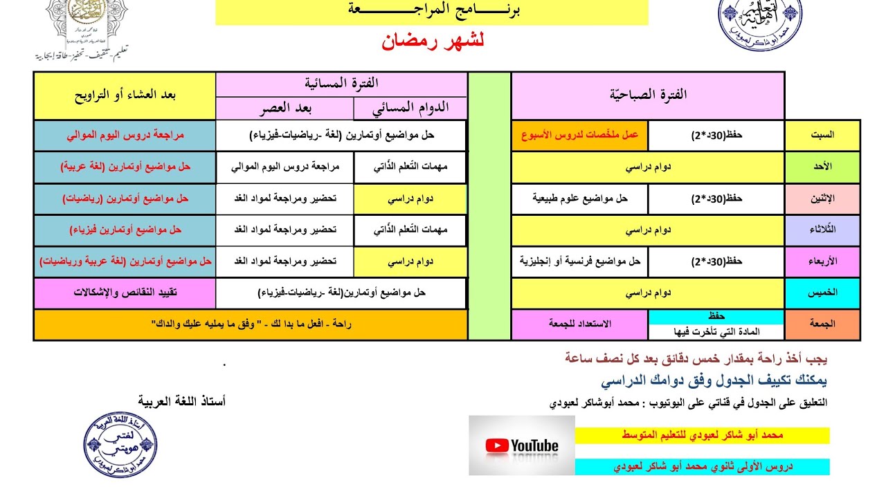 برنامج المراجعة في شهر رمضان2021 /محمد أبو شاكر لعبودي