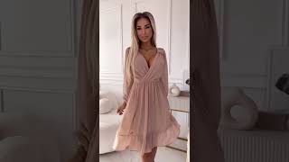 538-1 Mila Chiffon Midi Dress With Long Sleeves And Neckline - Beige -