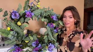 Purple and Yellow Wreath with Flowers, Pansies, Berries and Greenery
