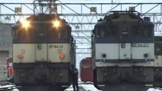 EF644,EF648,EF6410,EF6413,EF6417,EF6422,EF6447　EF64が多数集合　篠ノ井派出　、JR 篠ノ井 2004/2/15 雪　DV196