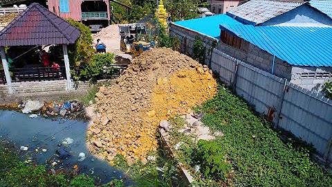 Start By Small KOMATSU Dozer Pour Soil Delete Pond Complete 100% Road Repair with dump truck
