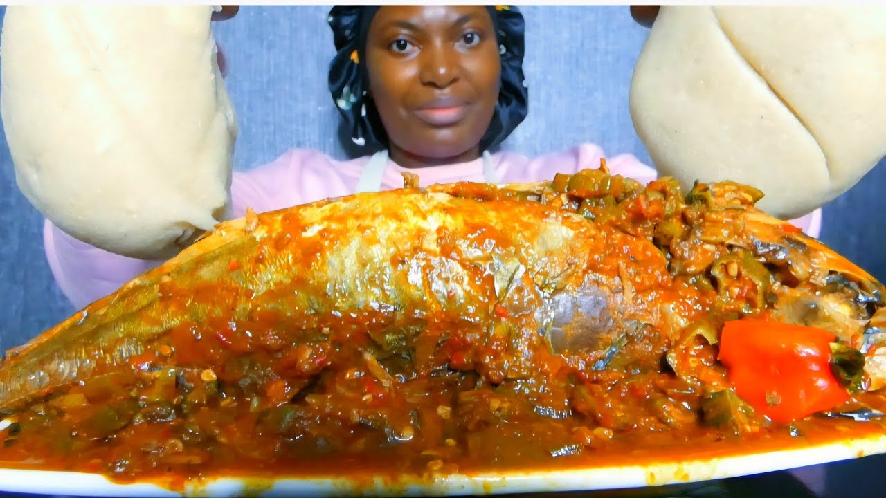 Asmr mukbang delicious spicy fish okra soup with fufu 