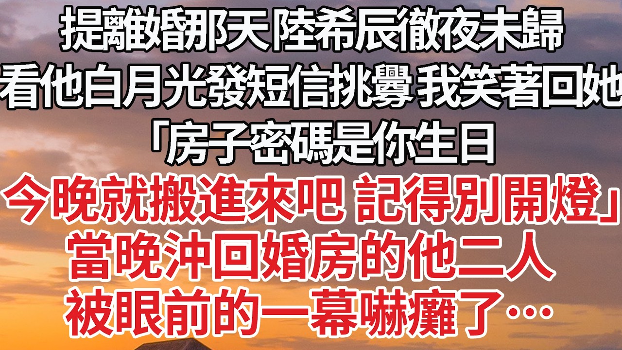 【完結】提離婚那天 陸希辰徹夜未歸，看他白月光發短信挑釁 我笑著回她，「房子密碼是你生日，今晚就搬進來吧 記得別開燈」當晚沖回婚房的他二人，被眼前的一幕嚇癱了…#婚姻 #豪门