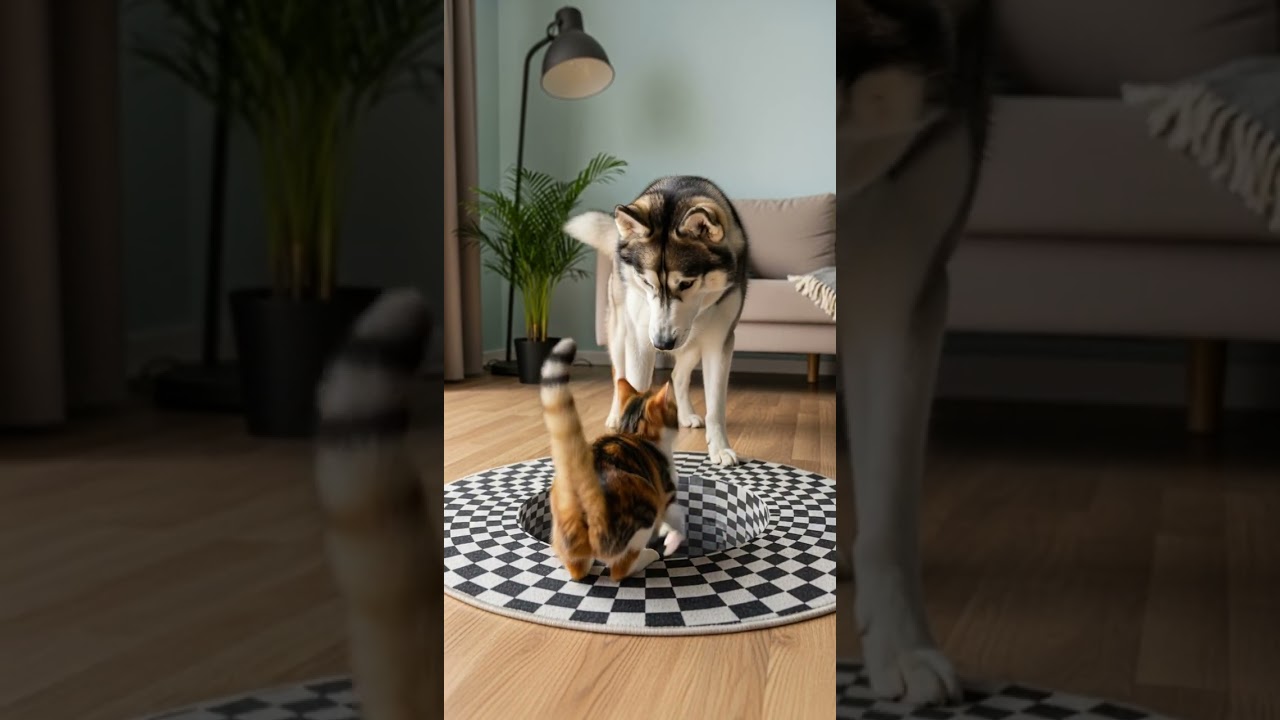 Husky Drops Cheese Cat Over Illusion Hole Watch The Crazy Trick 