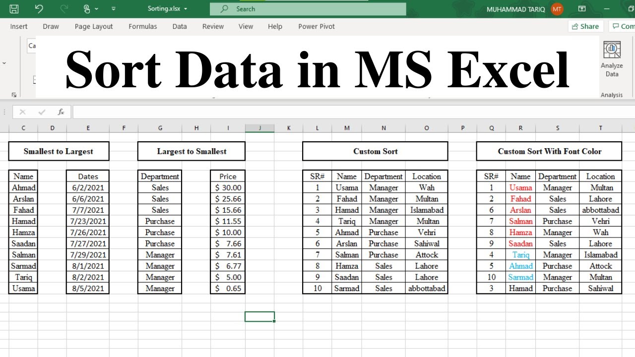 Data sort. Sort in excel.