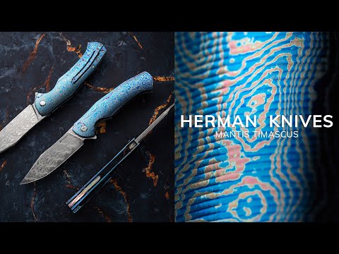 FOLDING KNIFE FOLDER MANTIS  NICHOLS CORE DAMASCUS TIMASCUS FULL DRESS HERMAN KNIVES