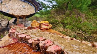 Incredible Ribeye Steak 🥩 with Potato and Bacon Roses  cooked in Nature ASMR cooking