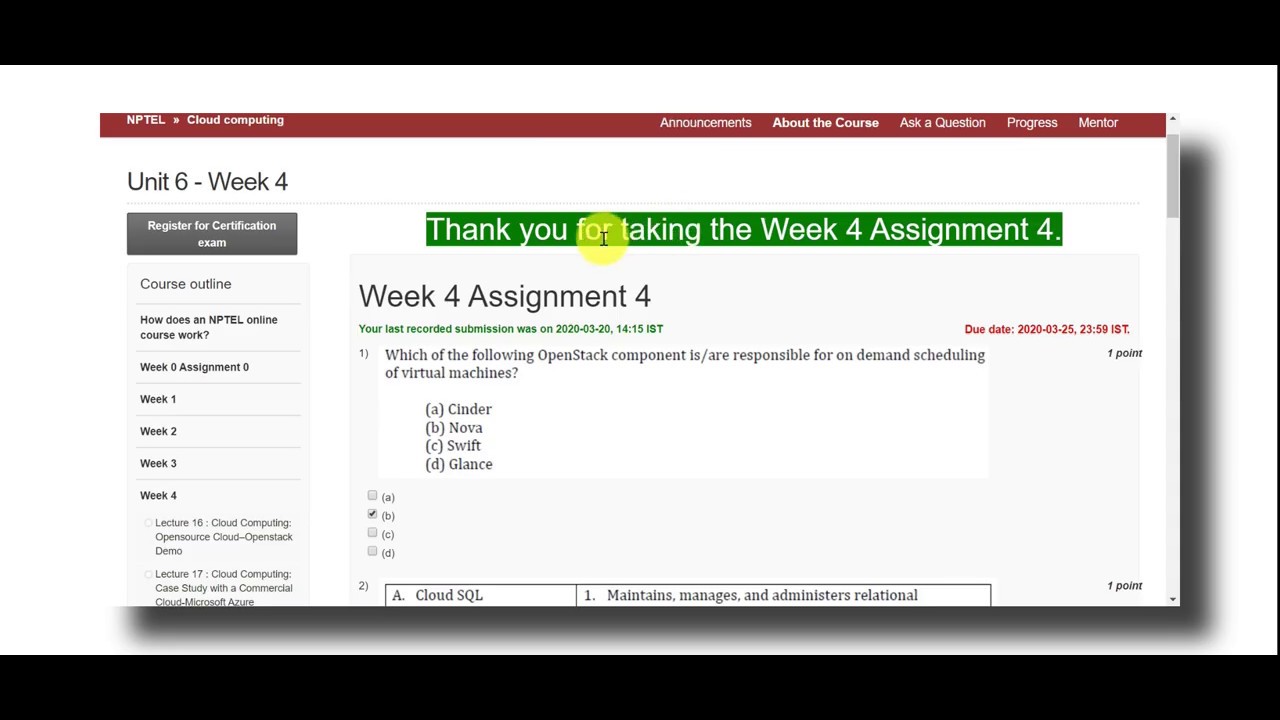 NPTEL/Swayan Course - Cloud Computing Week 4 Answers ( 2020 ) - YouTube