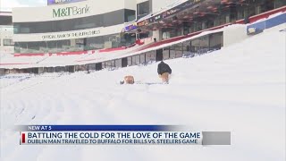 Dublin Buffalo Bills fan shovels out seat at snowy stadium