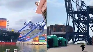 Container ship crashes into cranes (different angles)