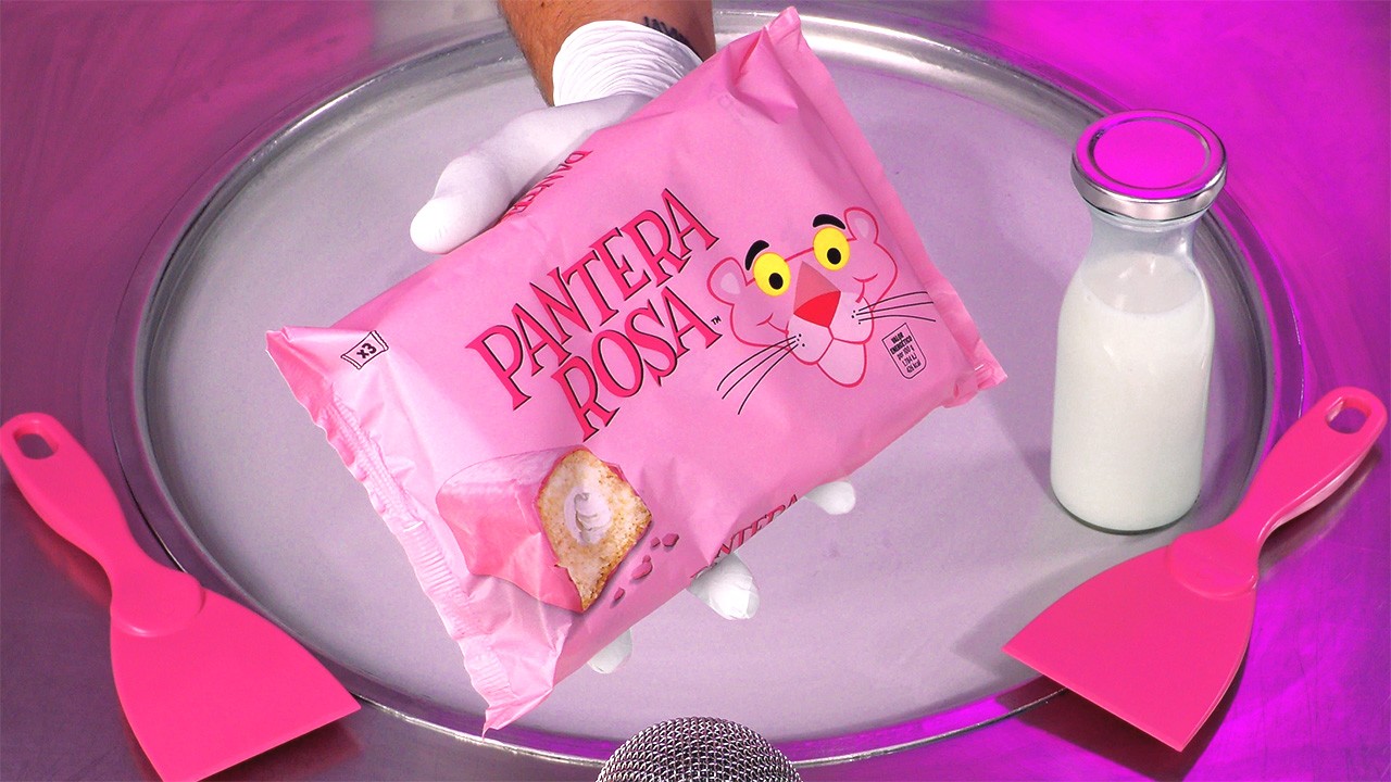 Pink Panther Ice Cream Rolls how to make pink Creme Cake to Ice Cream intense fast ASMR